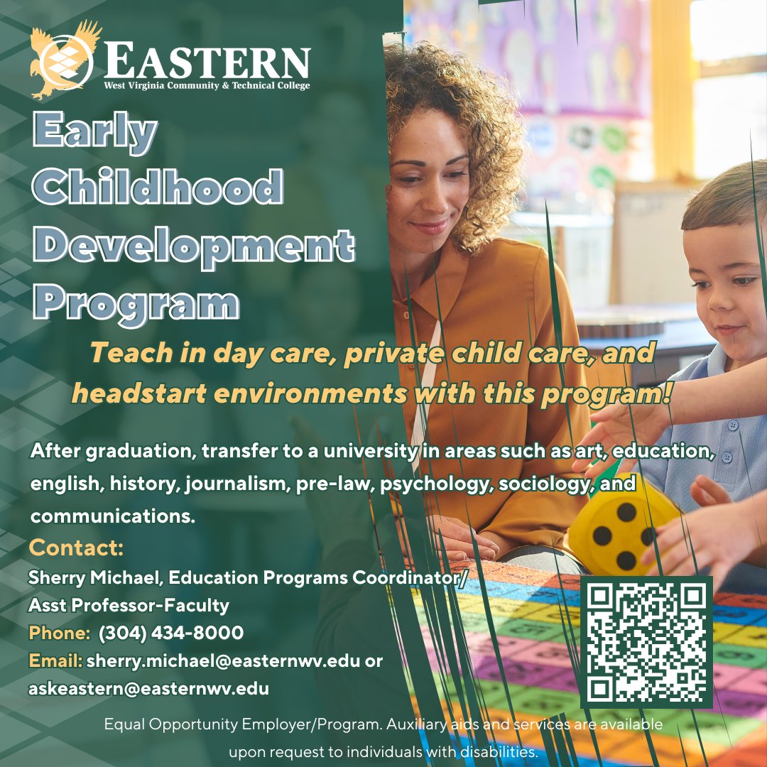 🍎 Make a difference in young lives with our Early Childhood Development program! Prepare to teach in day care, private child care, and Head Start settings, with transfer opportunities.

📧 sherry.michael@easternwv.edu 
easternwv.edu/academics/earl…

#EarlyChildhoodDevelopment