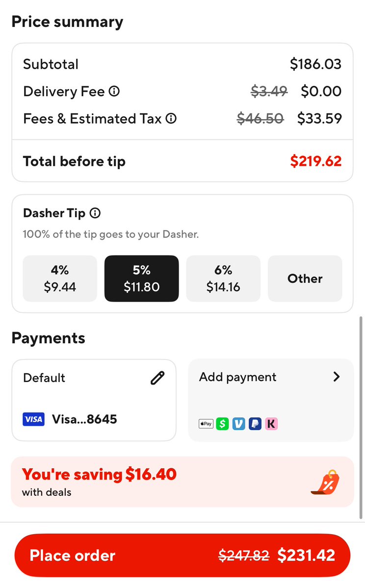 Juicewag's tweet image. Randomly thought about this “bidenflation” tweet so I downloaded DoorDash and this has increased 85% under Trump lmao