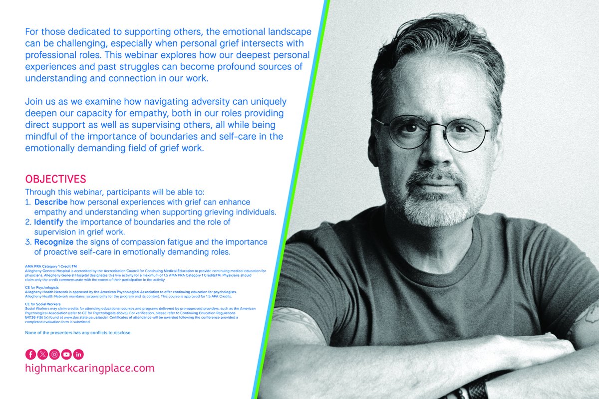 HighmarkCaring's tweet image. 📢 Our FREE CEU Grief Talks webinar returns! May 6th, 2-3 PM EST: "When Grief Takes a Toll: Supporting Those Who Support Others." Learn how personal experiences deepen empathy &amp;amp; the importance of self-care. Register NOW: bit.ly/grieftalksmay2… 
#GriefTlaks #Webinar
