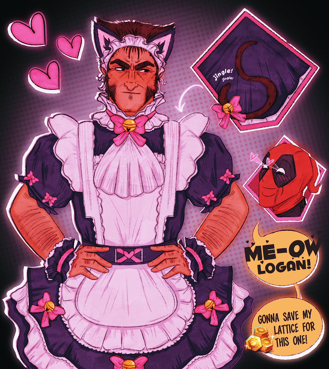 loganmeowletts's tweet image. i'm not sure how he convinced logan to wear that but i'm glad he did 😍😻❤️

when is wolvie getting a maid outfit to match wades in rivals?? we need it!!!

#poolverine #marvelrivals #deadpool #wolverine