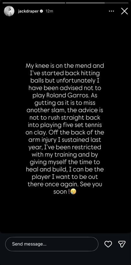 jmgmoron's tweet photo. Se confirman los peores presagios también con Jack Draper.

El británico se salta Roma y Roland Garros y perderá 400 puntos, lo que le provocará salir del Top 100.

Si logra volver para Wimbledon, no será cabeza de serie y podría chocar con cualquiera en primera ronda.

Este año solo ha podido jugar 9 partidos. Ahora ha sido la rodilla. Su cuerpo no le deja competir lo que quiere.