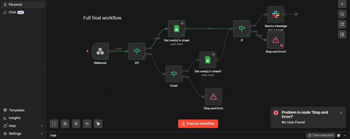 Jahsgrace_1's tweet photo. Final structure. 

Every failure point has a path. 

Nothing falls through silently.

#Automation #n8n #DataWorkflows #WorkflowAutomation #BusinessAutomation #AnalyticsEngineering https://t.co/Ko56N3KoJA