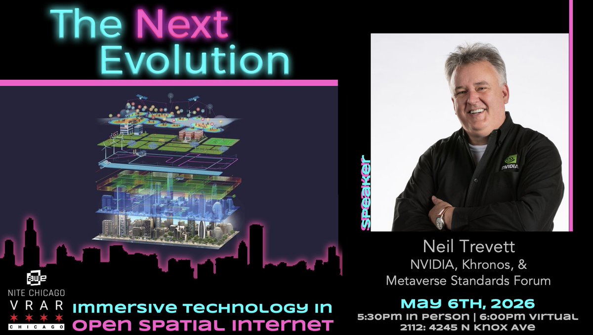 vrarchicago's tweet photo. Neil Trevett is VP of Developer Ecosystems at NVIDIA &amp; President of Khronos Group, where he drives the adoption of open standards &amp; developer technologies for 3D graphics, AI, &amp; immersive media. Most recently, he founded and serves as President of the Metaverse Standards Forum. https://t.co/9gRlLFURMY