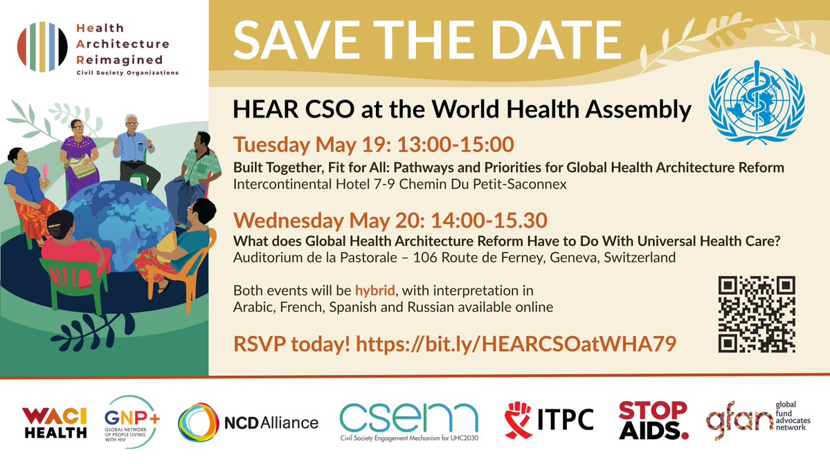 CSOs4UHC's tweet image. Join us on the sidelines of #WHA79 for two HEAR CSO events on global health architecture reform and universal health coverage 🌍

📅 19 May, 13:00–15:00
📅 20 May, 14:00–15:30

What does reform mean for #UHC and the communities who need it most? Those two discussions will