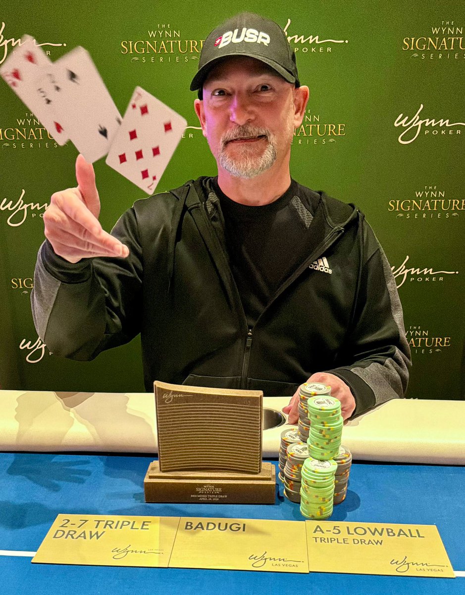 WynnPoker's tweet photo. The 51-player field in the Wynn Signature $400 Mixed Triple Draw event crowned David Berger the outright winner! He won $5,650 and took home the Wynn Signature Series trophy. Outstanding play, David! https://t.co/GKCtValy4T