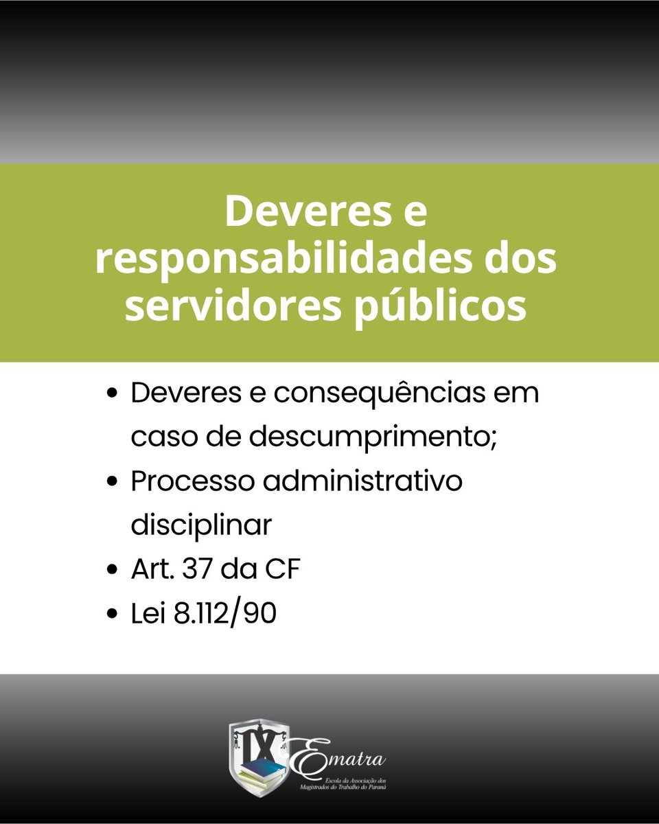 ematra9's tweet photo. Atenção, servidores do #TRT9! 🏛️⚖️
Domine o regime jurídico da sua carreira (Lei 8.112/90) com o Dr. Luzardo Faria (Doutor pela USP) na Pós da @EMATRAPR.
✅ Inscrições permanentes ✅ Início imediato ✅ 30% OFF para servidores ✅ Válido para AQ (Lei 15.292/2025)
📲 (41) 99182-9513 https://t.co/a7Atf1a36l