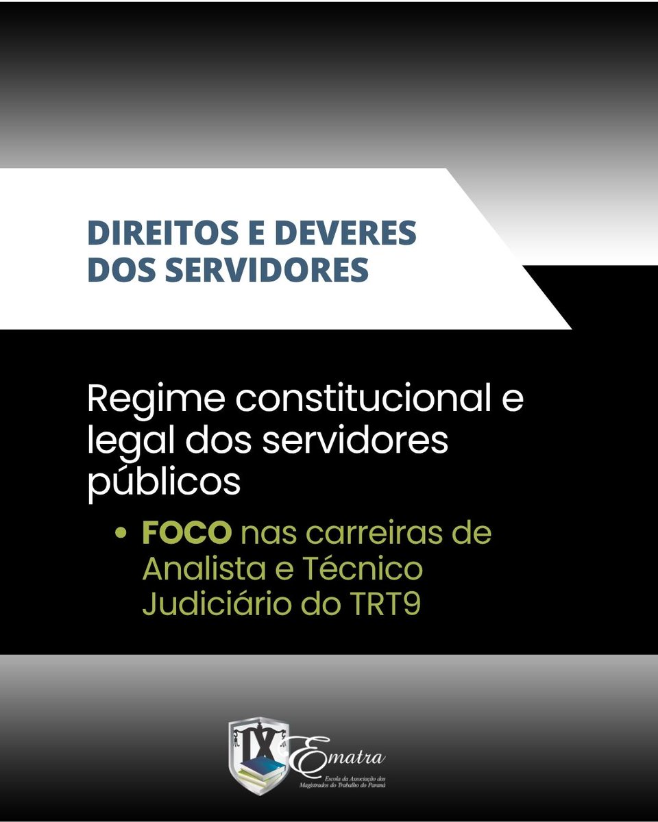 ematra9's tweet photo. Atenção, servidores do #TRT9! 🏛️⚖️
Domine o regime jurídico da sua carreira (Lei 8.112/90) com o Dr. Luzardo Faria (Doutor pela USP) na Pós da @EMATRAPR.
✅ Inscrições permanentes ✅ Início imediato ✅ 30% OFF para servidores ✅ Válido para AQ (Lei 15.292/2025)
📲 (41) 99182-9513 https://t.co/a7Atf1a36l