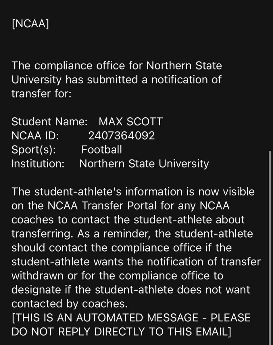 MWS_91's tweet photo. Thank you Northern State for the opportunity to compete at the next level, with that being said I am officially in the transfer portal. 
6’4 240
4 years of eligibility (RS Freshman) https://t.co/aInTVc7jk7