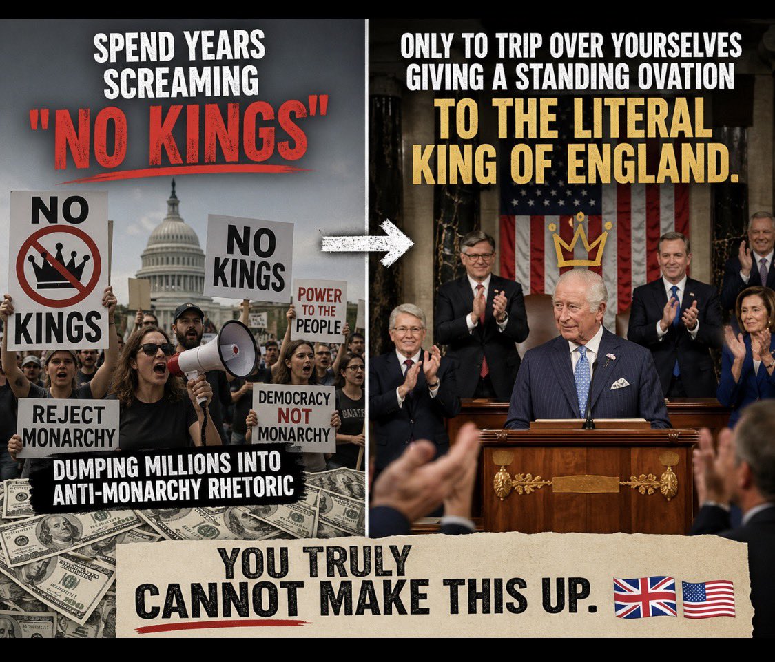 1981Descartes's tweet image. Nothing says "principled stance" like protesting the concept of a King on Monday and giving a standing ovation to a literal King on Tuesday. The "No Kings" era lasted about as long as a New Year’s resolution. 
#NoKings #KingCharles #PoliticsToday