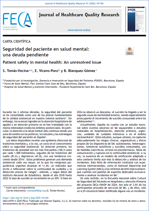 JHealthQualityR's tweet photo. 📰 Seguridad del paciente en salud mental: una deuda pendiente
✏️ Original por S Tomás-Vecina et al en el @JHealthQualityR #RevistaSECA #JHQR
👉 https://t.co/aF1BOBx4hE
✅ #CalidadAsistencial #SeguridadDelPaciente #SaludMental #CalidadYDerechos #OMS #WHO https://t.co/NVQ3vP3Z1q