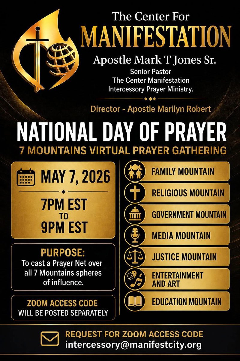 CFManifestation's tweet photo. National Day of Prayer Clarion Call to cast a Prayer Net over all 7 Mountains spheres of influence. 

A Time of Prayer, Legislation and Impartation. 

Guests are welcome.

We will not give God no Rest! https://t.co/1cRp0DyrL2