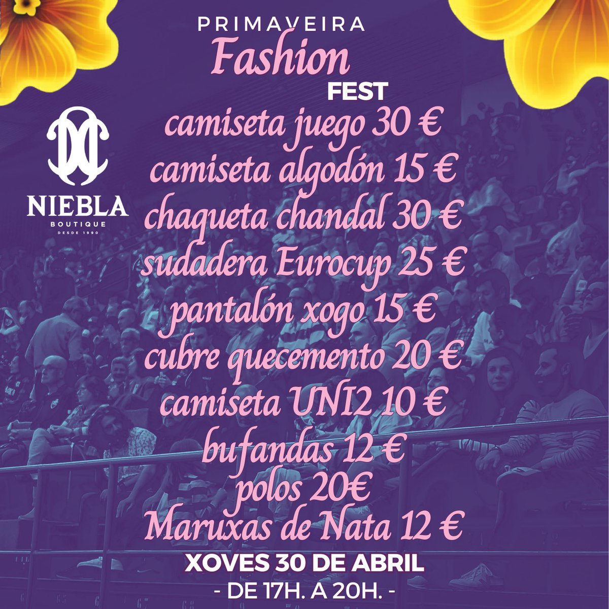 ✨ Fashion Fest en Niebla Boutique! ✨
Prezos especiais en tenda para que renoves o teu estilo 💃🛍️

🕘 Pola mañá: renovación de abonos en A Malata 🕔 Pola tarde: agardámoste en Niebla Boutique

Non perdas esta oportunidade! 🔥