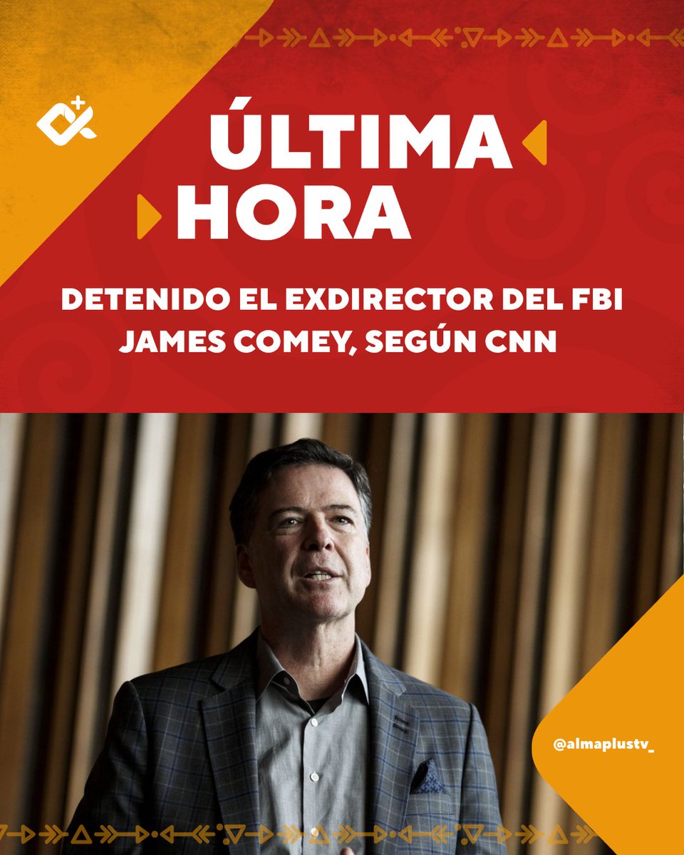 almaplustv's tweet image. 🚨#ULTIMAHORA |

🛑El exdirector del FBI, James Comey, fue detenido este miércoles tras presentarse voluntariamente ante un tribunal federal en el Distrito Este de Virginia, según reportó CNN.

🛑 Comey, quien dirigió el FBI entre 2013 y 2017, enfrenta cargos por amenazar al