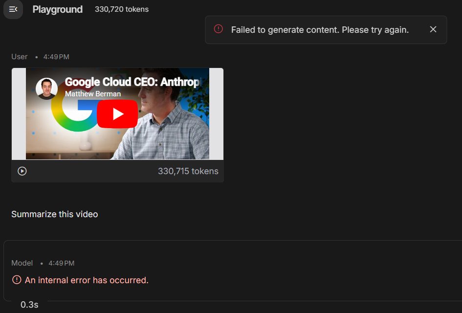 KolosFc's tweet photo. @OfficialLoganK @GoogleAIStudio Hi, Logan. There's critical bug in AI Studio for AI Pro/Ultra users. We can't work with YouTube videos or any uploaded videos at all because of 'An internal error has occured' issue. Though it works fine for Free users. Please, fix it, thanks! https://t.co/NvI8D8J9vI