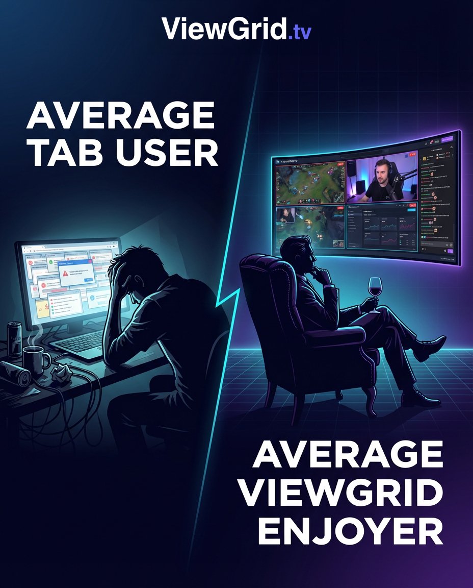 viewgridtv's tweet image. One juggles 20 tabs and crashes their browser.

The other opens ViewGrid and relaxes.

We are not the same. viewgrid.tv

#ViewGrid #AverageEnjoyer #GamerMemes #MultiStream #Sophisticated #StreamingLife #Relatable