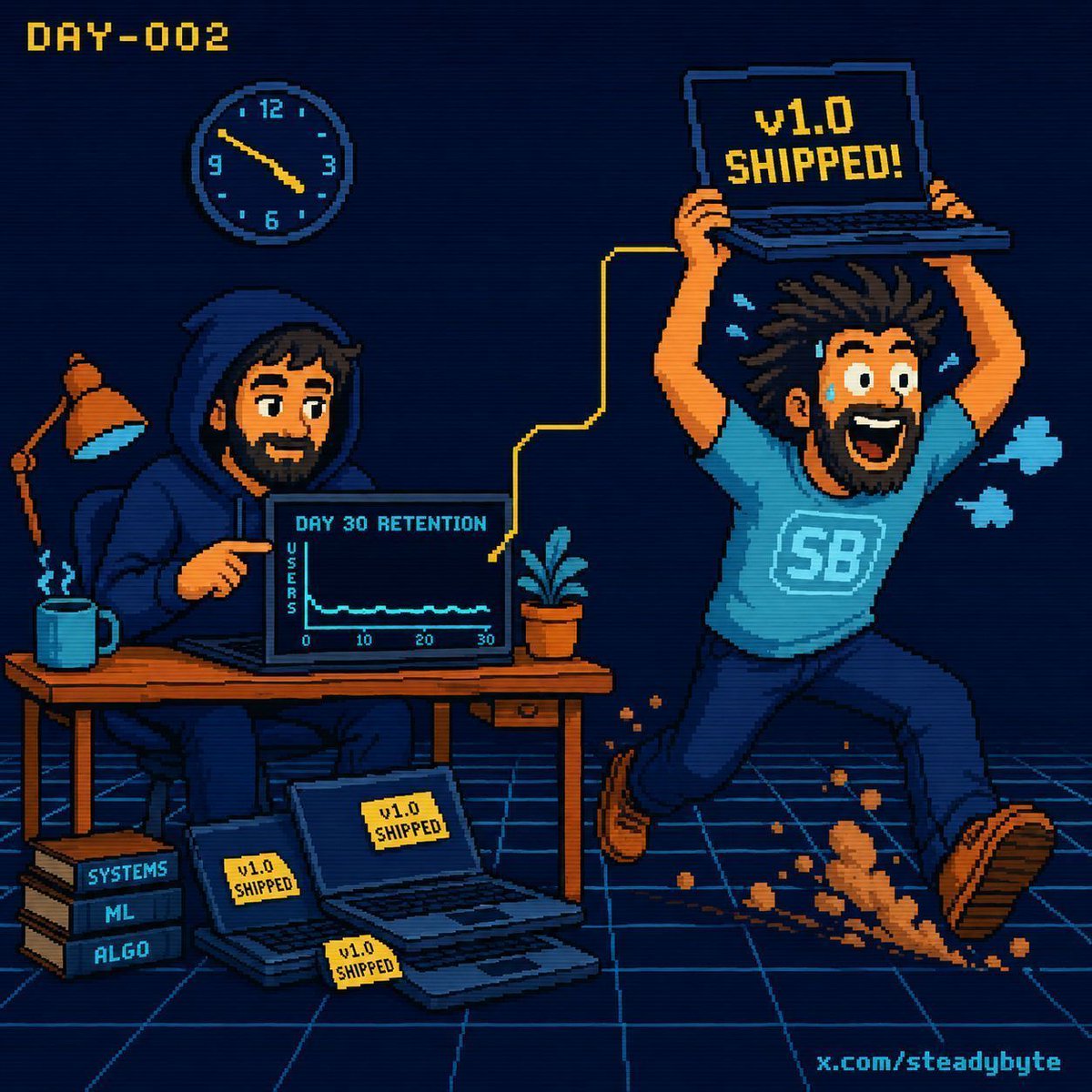 steadybyte's tweet image. #day-002
To the easy-build voice in me whispering, "AI made it trivial, just ship and quit":
Easy. Building was never the bottleneck. Retention is. The first user is a template; the hundredth is a product. wait. the right one will arrive.