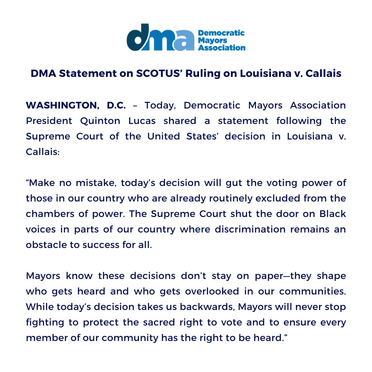 DemMayors's tweet photo. Statement from DMA President @MayorLucasKC on SCOTUS' ruling in Louisiana v. Callais: https://t.co/XbMMeBkex8