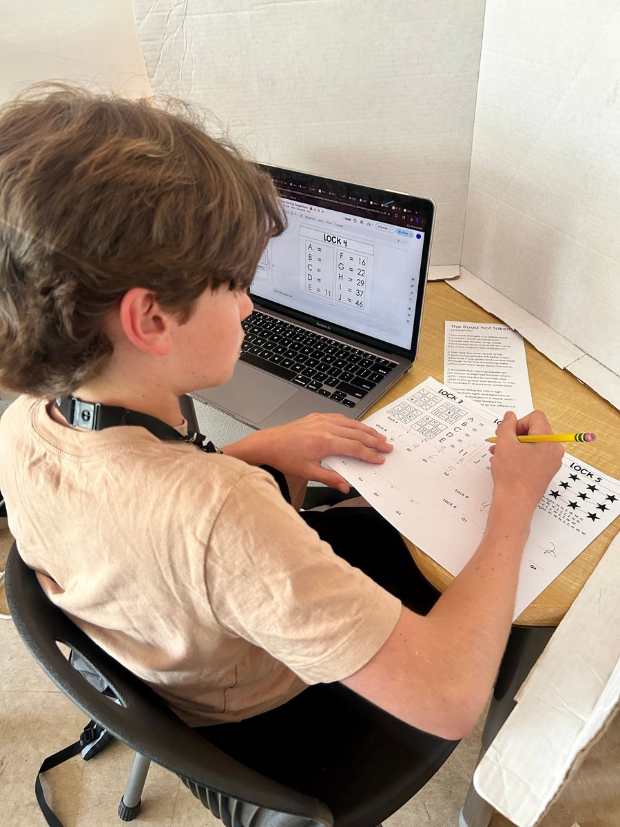 BMSDogs's tweet photo. ✨ Mrs. Paxton's students mixed math brain teasers with their ELA state test prep by participating in an escape room based on Robert Frost's poem "The Road Not Taken." https://t.co/Rt4bZnjWqM