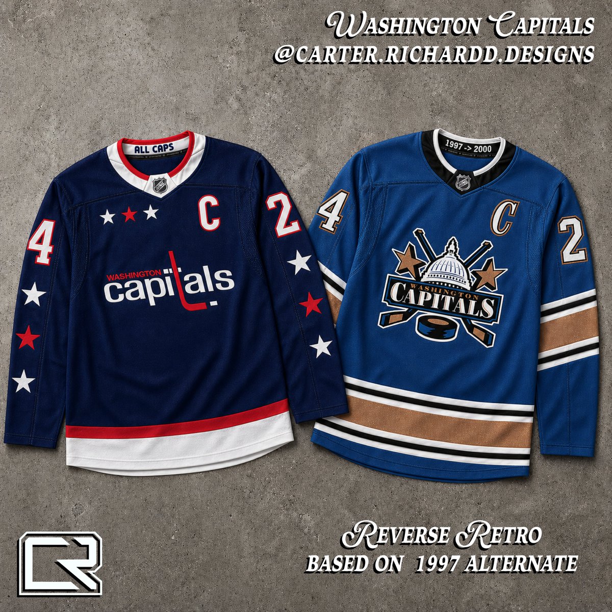 carterrichardd's tweet image. Jersey Concepts for the Washington Capitals. Primaries are inspired by their most recent alternate jersey, though I used the Weagle as the crest. Third jersey is a retro-inspired jersey with some modern touches. RR throws back to the 1997 alternates! Thoughts?
#ALLCAPS