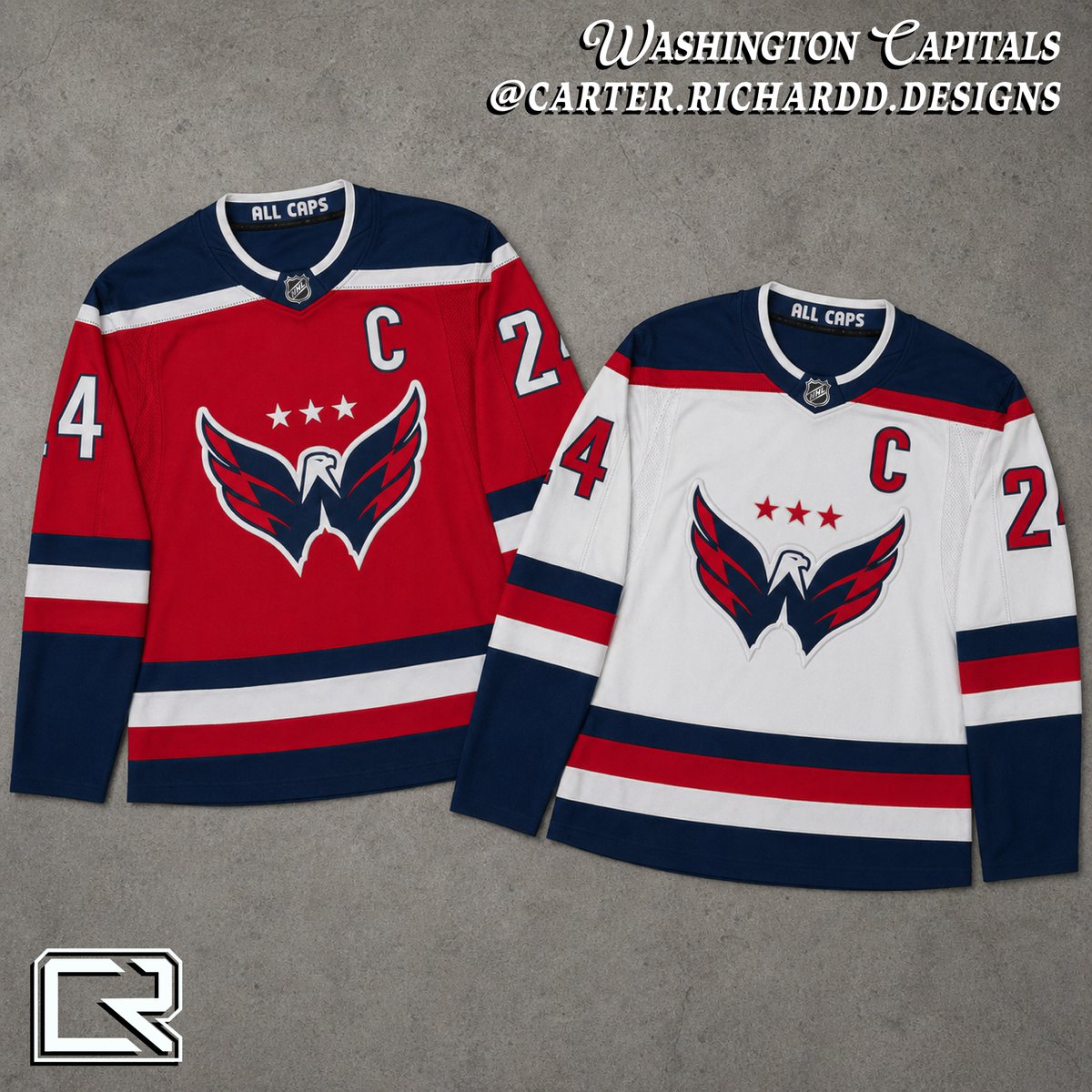 carterrichardd's tweet image. Jersey Concepts for the Washington Capitals. Primaries are inspired by their most recent alternate jersey, though I used the Weagle as the crest. Third jersey is a retro-inspired jersey with some modern touches. RR throws back to the 1997 alternates! Thoughts?
#ALLCAPS