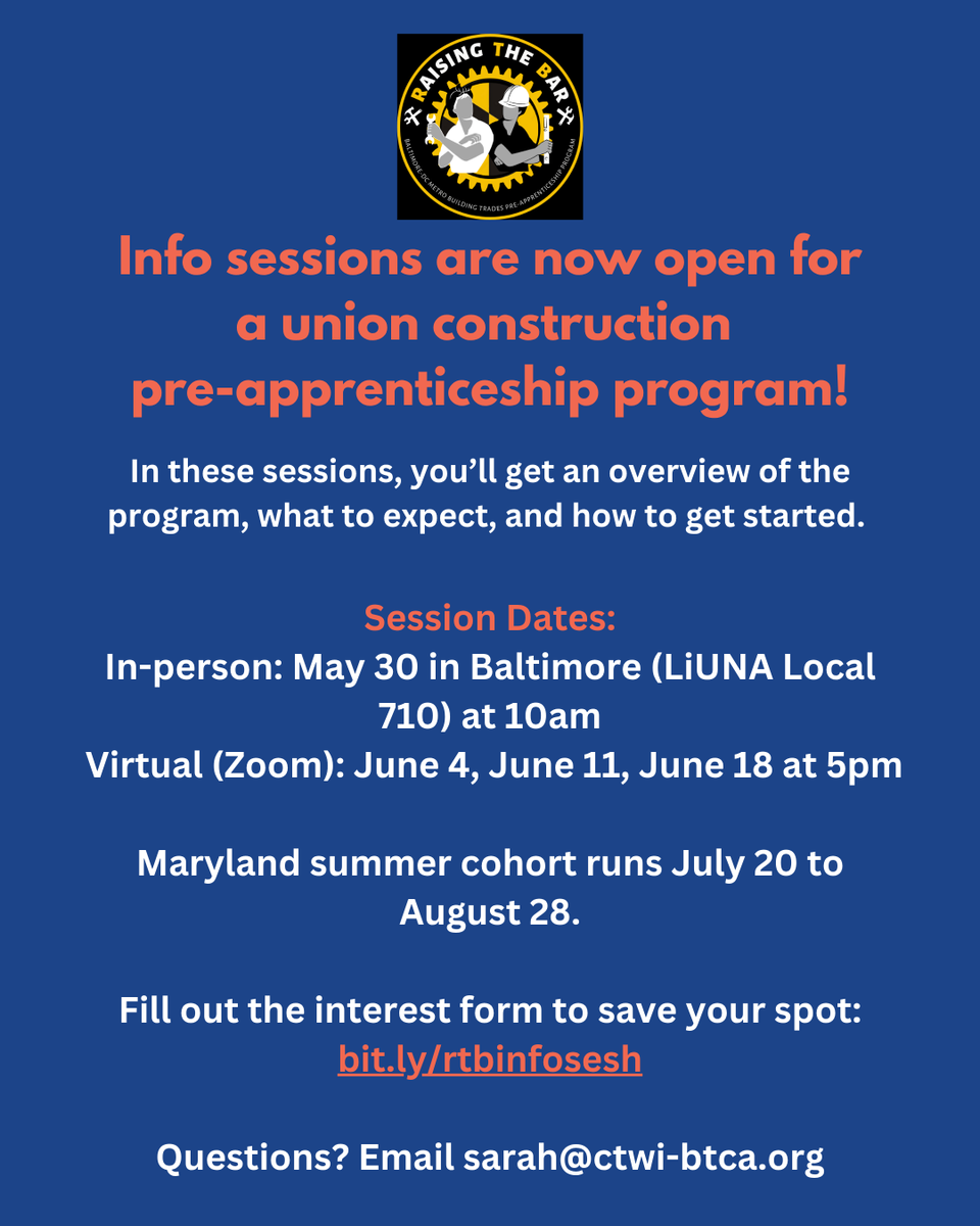 JobsBaltimore_'s tweet photo. Interested in a career in the trades? Start with Raising the Bar.

Register through the interest form to attend an info session and take your first step ➡️ https://t.co/Umi89RUsuY https://t.co/XEoHScsQHN