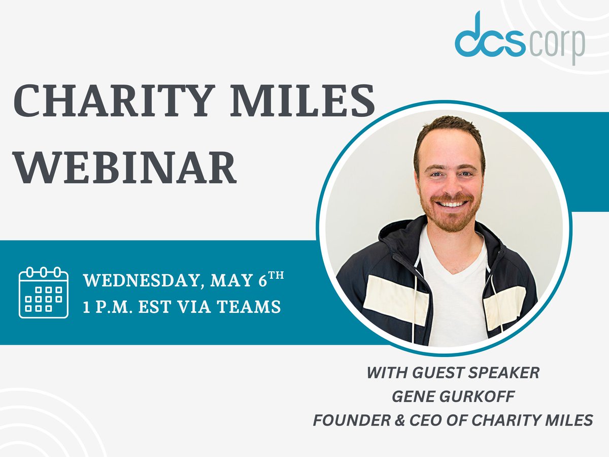 Employee-Owners, please join us and our guest speaker, <a href="/GeneGurkoff/">Gene Gurkoff</a>, Founder and CEO of <a href="/CharityMiles/">Charity Miles</a>, Wed., 5/6, at 1 p.m. EST for a webinar to learn about the app and how we use it as part of our community outreach efforts. For details, visit ESOP News. #DCSCorp