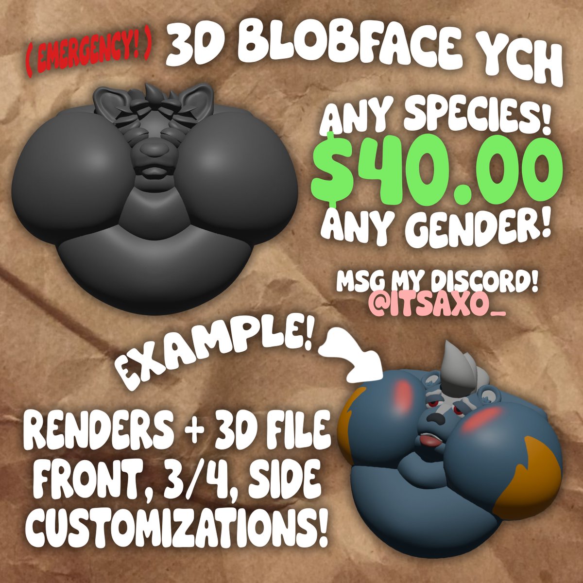 itsaxo_'s tweet photo. EMERGENCY YCH! 
Partner and I need rent funds so I'm plumping up faces into blobs~ Interested? Shoot me a message on discord at @itsaxo_ and I can take care of that~ Any species or gender, additional customizations available, just ask!~ Please like and share as well <3 https://t.co/EDKbsDwEhB
