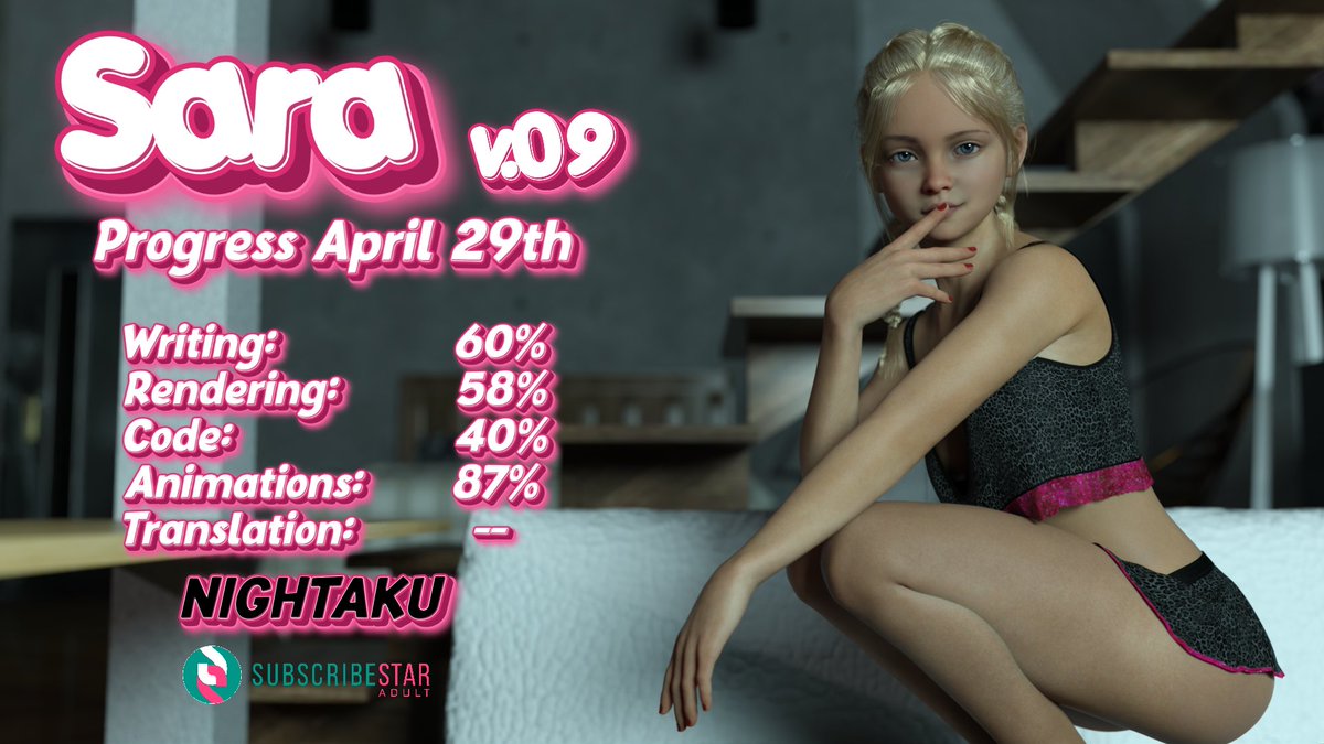 SARA v.09 PROGRESS April 29th
We're still making progress with v.09, guys!! Two new 2K and 4K renders are now available.Thanks for sticking with us!!!!!! 
Discord: discord.gg/c5strJDPeq
Subscribestar: subscribestar.adult/game-sara