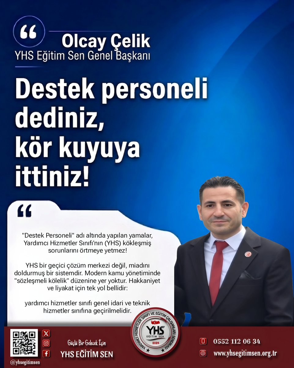KepsenResmi's tweet photo. "Destek Personeli" adı altında yapılan yamalar, Yardımcı Hizmetler Sınıfı'nın (YHS) kökleşmiş sorunlarını örtmeye yetmez!
​YHS bir geçici çözüm merkezi değil, miadını doldurmuş bir sistemdir. Modern kamu yönetiminde "sözleşmeli kölelik" düzenine yer yoktur. Hakkaniyet ve liyakat için tek yol bellidir:

Yardımcı hizmetler sınıfı genel idari ve teknik hizmetler sınıfına geçirilmelidir.

#YhsÇözümBekliyor

@RTErdogan @hasandogan
@eczozgurozel @csgbakanligi @MDervisogluTR @dbdevletbahceli @MevlutCavusoglu
@ErbakanFatih
@cevdetyilmaz @ComezTurhan @gamzetascier @hasanozturkmen
@melih_meric @gamzeilgezdi @aefakibaba @Mahi_Nur @mustafaelitas
@isikhanvedat
@yilmaztunc
@leylasahinusta
@avomerozmen
@abdullahguler_
@MhpTbmmGrubu
@oktay_saral @cenginyurt52
@Mehmetasila19 @DoganBekin
@mehmetucum
@Y_Akdogan
@drsoysal
@farukozcelikgsb
@MKalayci42
@ifarukaksu
@alikeskinkilic
@belginuygur10
@selcukktepeli
@fethigurer @selcukozdag @SalihUzunDr @avidrissahin @abdulhamitgul @memetsimsek
@Cem__Sahin @MehmedAltinoz  @AvBehiye