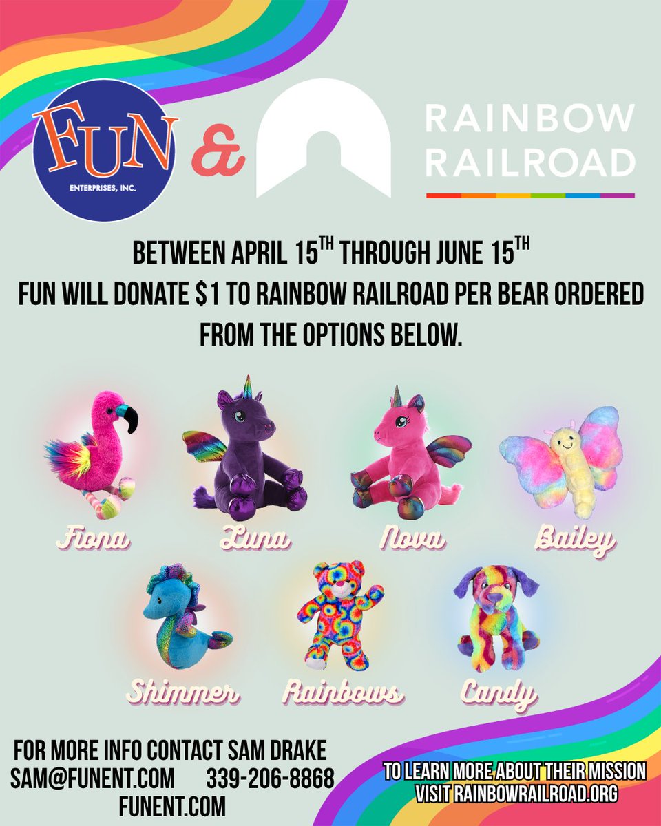 FunEnterprises's tweet image. From now through June 15th, FUN will donate $1 to Rainbow Railroad per bear ordered from the options below.
Visit rainbowrailroad.org/fun to make a direct donation. 
#WeBringTheFUN #FUNTimes #FUNOnCampus #CorporateFUN #FUNGivesBack #RainbowRailroad #Support #BearFriendsForever
