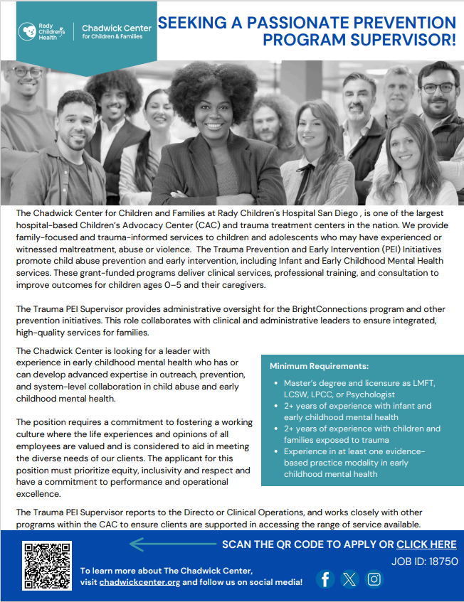 ChadwickCenter's tweet photo. We're hiring!  Join our amazing clinical team as a prevention program supervisor focusing on kiddos age 0-5 &amp; their caregivers. Apply @ https://t.co/ybF0V2YI5B. https://t.co/28iAY4plj2