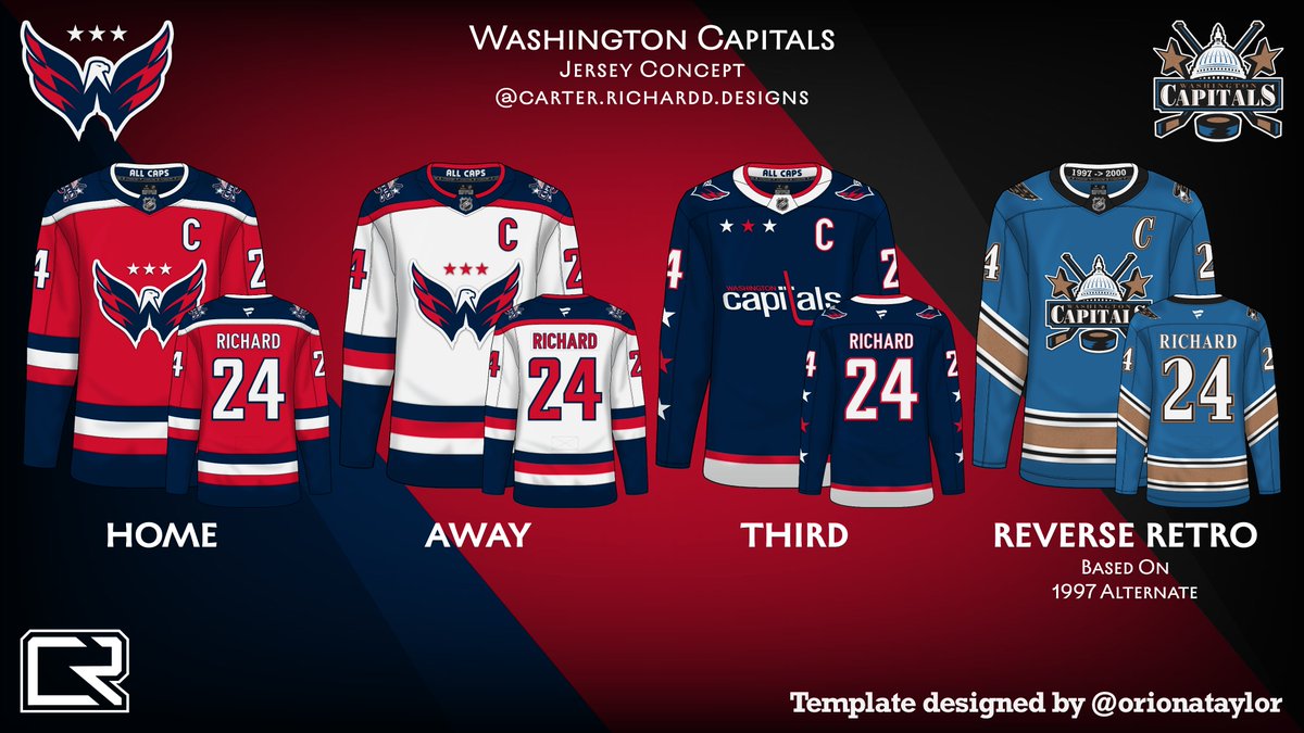 carterrichardd's tweet image. Jersey Concepts for the Washington Capitals. Primaries are inspired by their most recent alternate jersey, though I used the Weagle as the crest. Third jersey is a retro-inspired jersey with some modern touches. RR throws back to the 1997 alternates! Thoughts?
#ALLCAPS