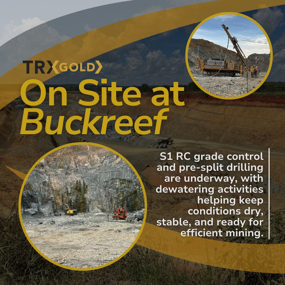 TRXGoldCorp's tweet image. On-site at S1 ⛏️with @TRXGoldCorp

RC grade control &amp;amp; pre-split drilling are advancing, with dewatering supporting stable, mine-ready conditions, keeping progress steady on the ground.

#Mining #Gold #TRXGold #OnSite