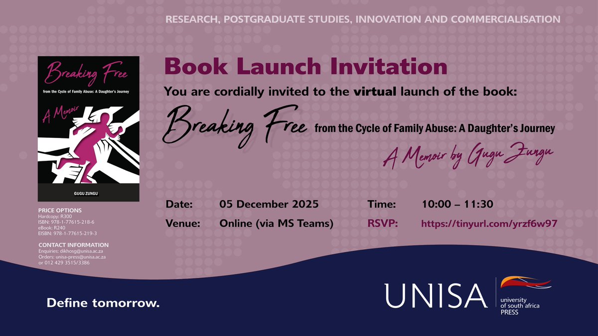 press_unisa's tweet photo. Join us for the virtual launch of this incredible book, proudly published by UNISA Press.#UnisaPress#HumanitiesandSocial Science 
  To attend, Please RSVP – Fill in formhttps://youtu.be/1_CWsuQUn4E https://t.co/4PbRDigmur