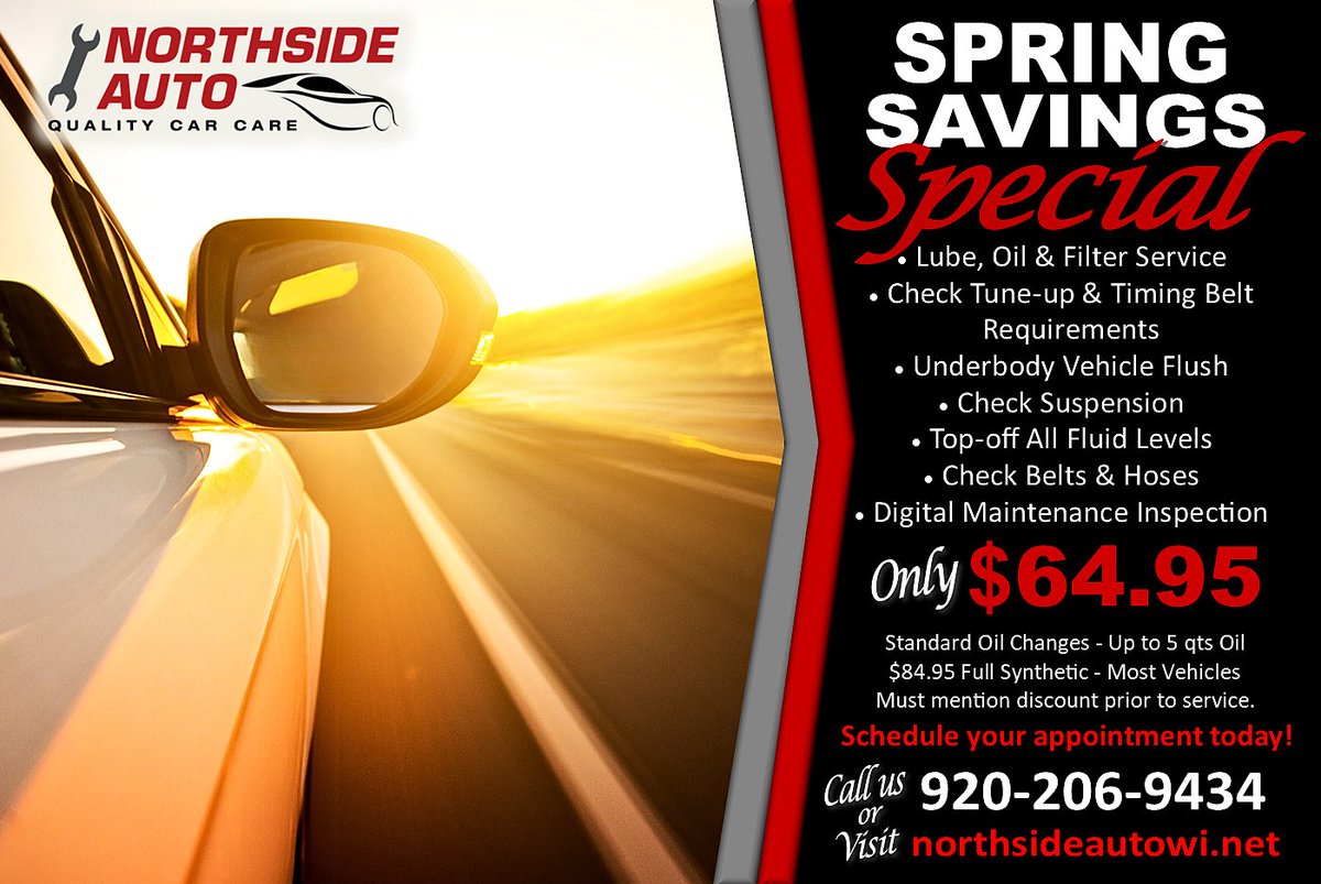 NSAUTRK's tweet image. Stop in during our Spring Special to get your oil changed and we'll include an underbody flush to wash away any leftover road salt! Call 920.206.9434 or book your appointment online today at northsideautowi.net and we'll see you soon! 😎 #SpecialOffer