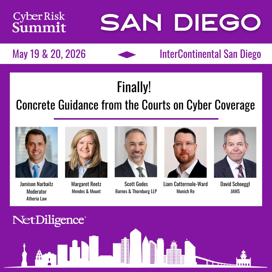 NetDiligence's tweet photo. Finally! 📢 Concrete guidance from the courts on cyber coverage is here.

We’re breaking down the landmark rulings you need to know at the #NetDiligence San Diego Cyber Risk Summit (May 19–20). Don't miss out on this essential legal update.

🔗 https://t.co/mYBynVRAIP https://t.co/6WYpIsb0PM