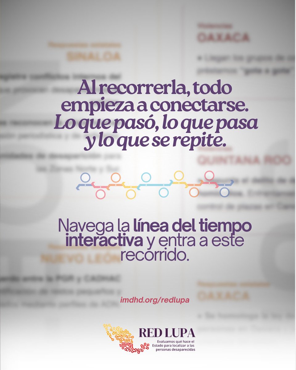 IMDHyD's tweet photo. 📣 Las desapariciones en México no son hechos aislados. Son una realidad que se ha acumulado con los años… y que hoy sigue ocurriendo.

🗣️ Creamos una línea del tiempo interactiva 🧭 que reúne hechos, datos y momentos clave para entender cómo ha cambiado esta violencia y cómo se ha extendido en el país.
🔎 Entra aquí:
 https://t.co/TPMwwNZM6Q

#HastaEncontrarles