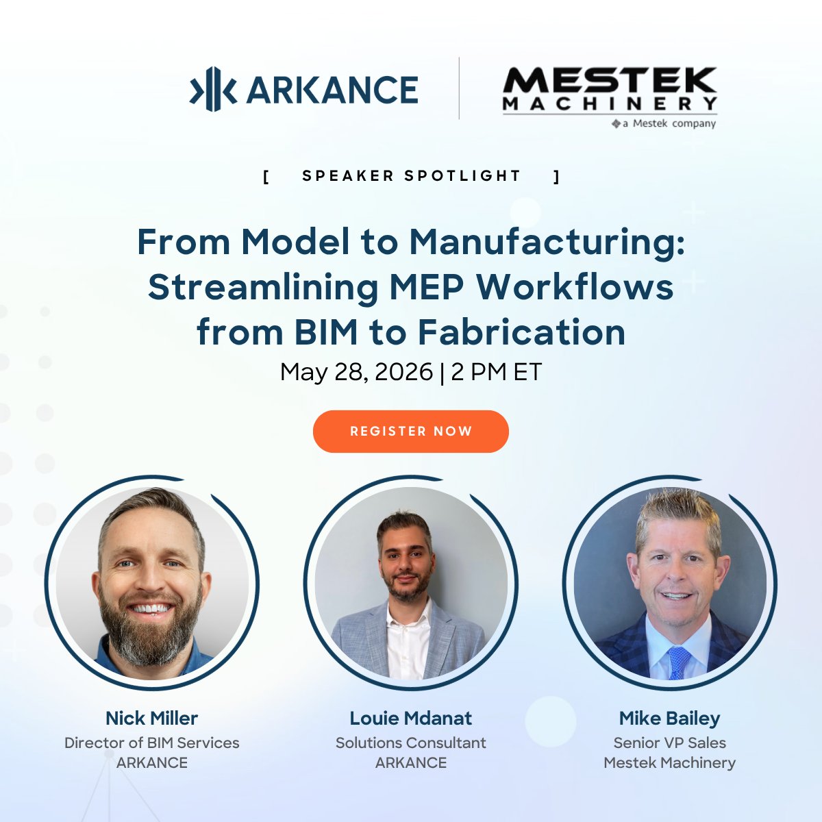MestekMachinery's tweet image. Meet the experts leading the May 28 webinar with Arkance!
👤 Louie Mdanat, Solutions Consultant 👤 Nick Miller, Director of BIM Services 👤 Mike Bailey, Senior VP of Sales

One free session. May 28 | 2:00 PM ET  hubs.la/Q04cyghB0
#HVAC #SheetMetal #HVACFabrication #MEP #BIM