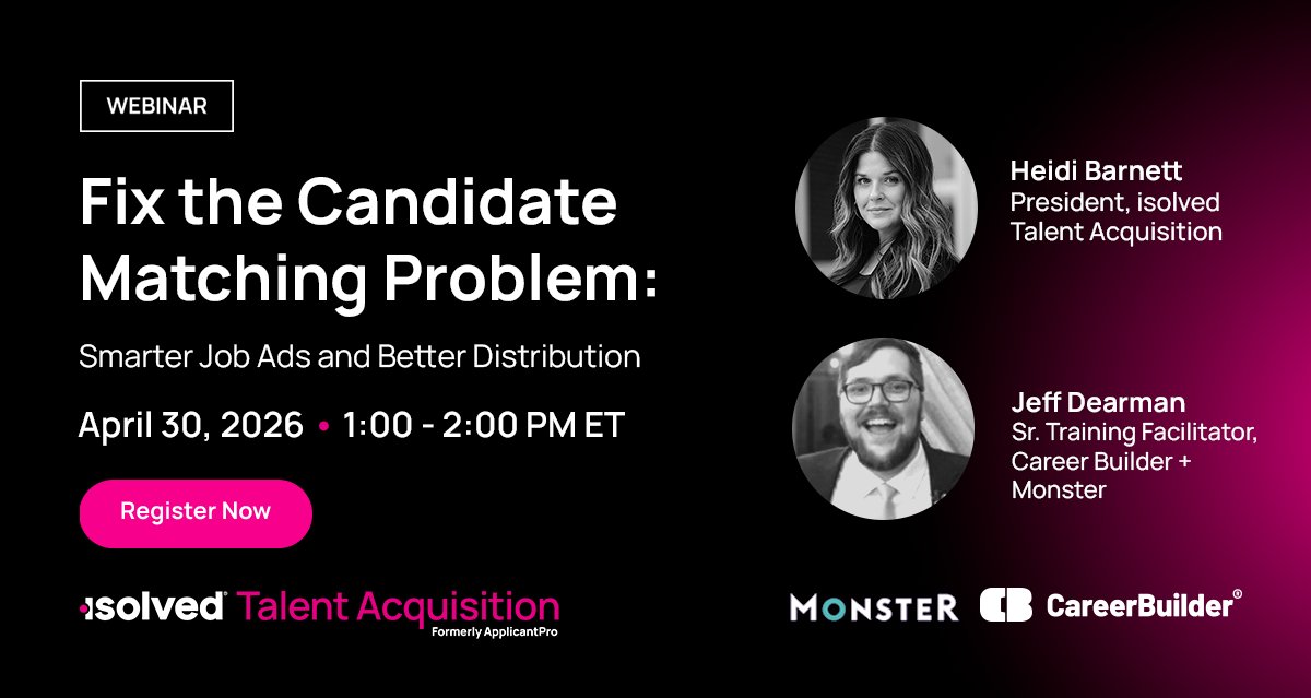 isolvedhcm's tweet image. Why do some roles get flooded with applicants and others come up short? 🤔

Join us tomorrow for a live #webinar with CareerBuilder + Monster on how to fix the disconnect and get better results from the tools you already use.

📅 April 30 | 1 PM ET
🔗 isolved.co/4cnKTfg