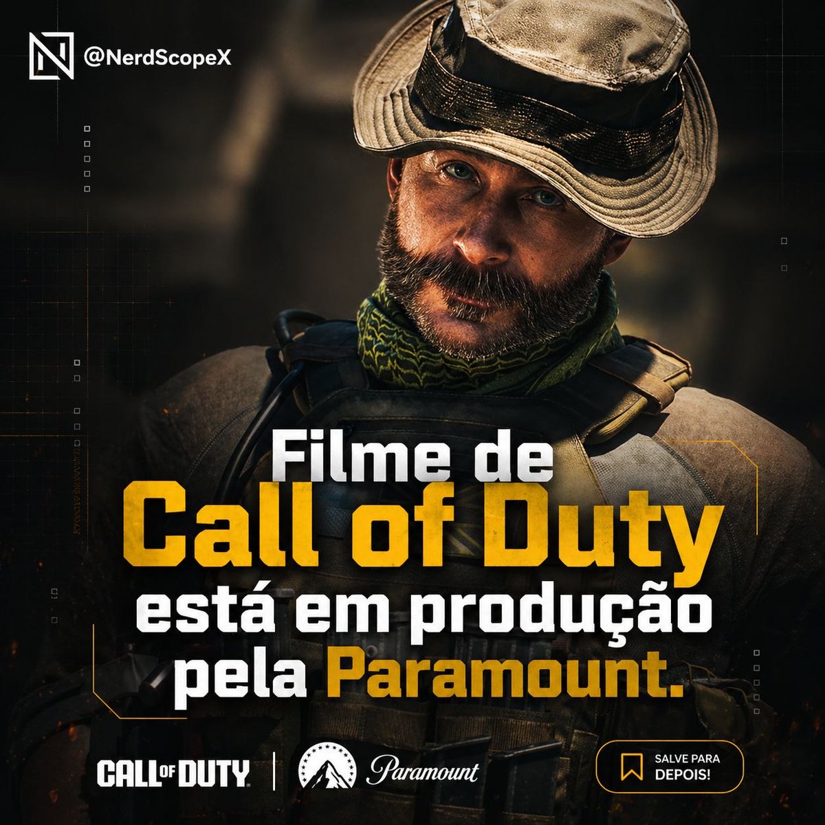 NerdScopeX's tweet image. 🚨 Live-action de Call of Duty em produção!

Paramount Pictures + Activision
📅 30/06/2028

🎬 Dir: Peter Berg
✍️ Taylor Sheridan

🔥 Vibe Top Gun
🎮 Rumores: Call of Duty: Modern Warfare / Call of Duty: Black Ops

#CallOfDuty