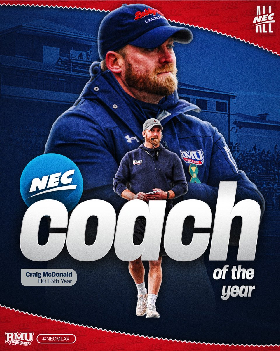 NECsports's tweet photo. 🥍 2026 @necmlax 
Coach of the Year

✨ Craig McDonald, @RMUMLacrosse 🇺🇸

The fifth-year head coach's first-ever #NECCOY accolade comes off the back of a 12-3 campaign that saw the Colonials go a perfect 7-0 in conference play.

#NECelite x #NECMLAX https://t.co/sudQ6n5MGG