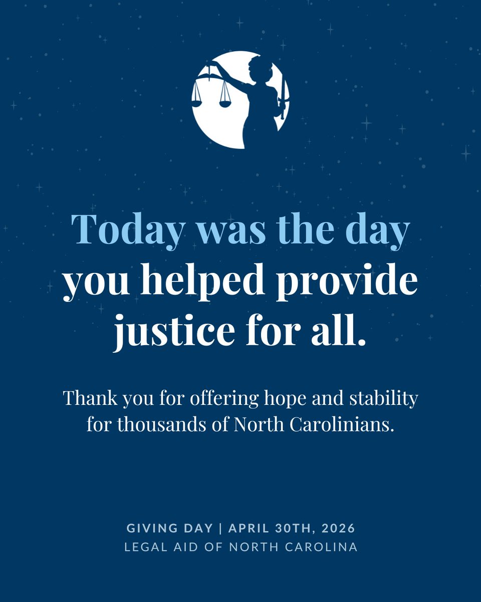 LegalAidNC's tweet image. At Legal Aid NC, our mission is clear: every North Carolinian deserves access to justice, regardless of their income. 💙 There’s still time to help; all donations will be tripled until midnight!

Give Now: legalaidnc.org/GivingDay

#GivingDay #LegalAid #NorthCarolina #TodaysTheDay