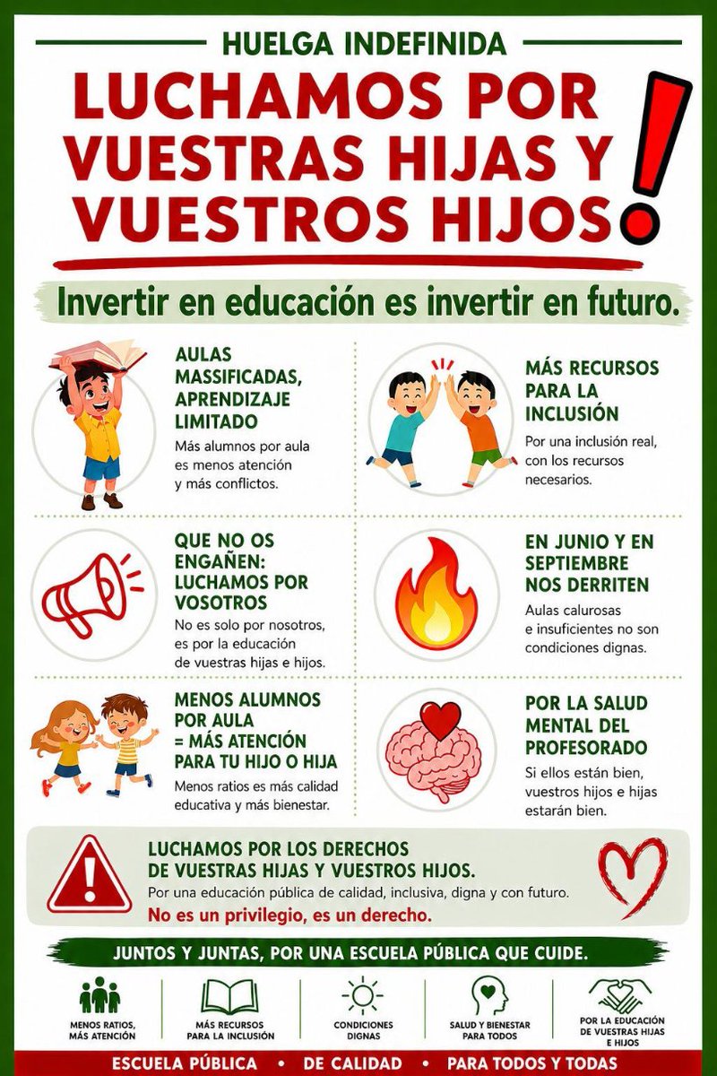 Si la huelga educativa fuera sólo por las condiciones laborales sería igualmente legítima y necesaria. Pero no lo es. Lo que reivindicamos es una educación pública digna, de calidad, que cuide e incluya de verdad. La educación que merece el pueblo valenciano. #VagaEducativa