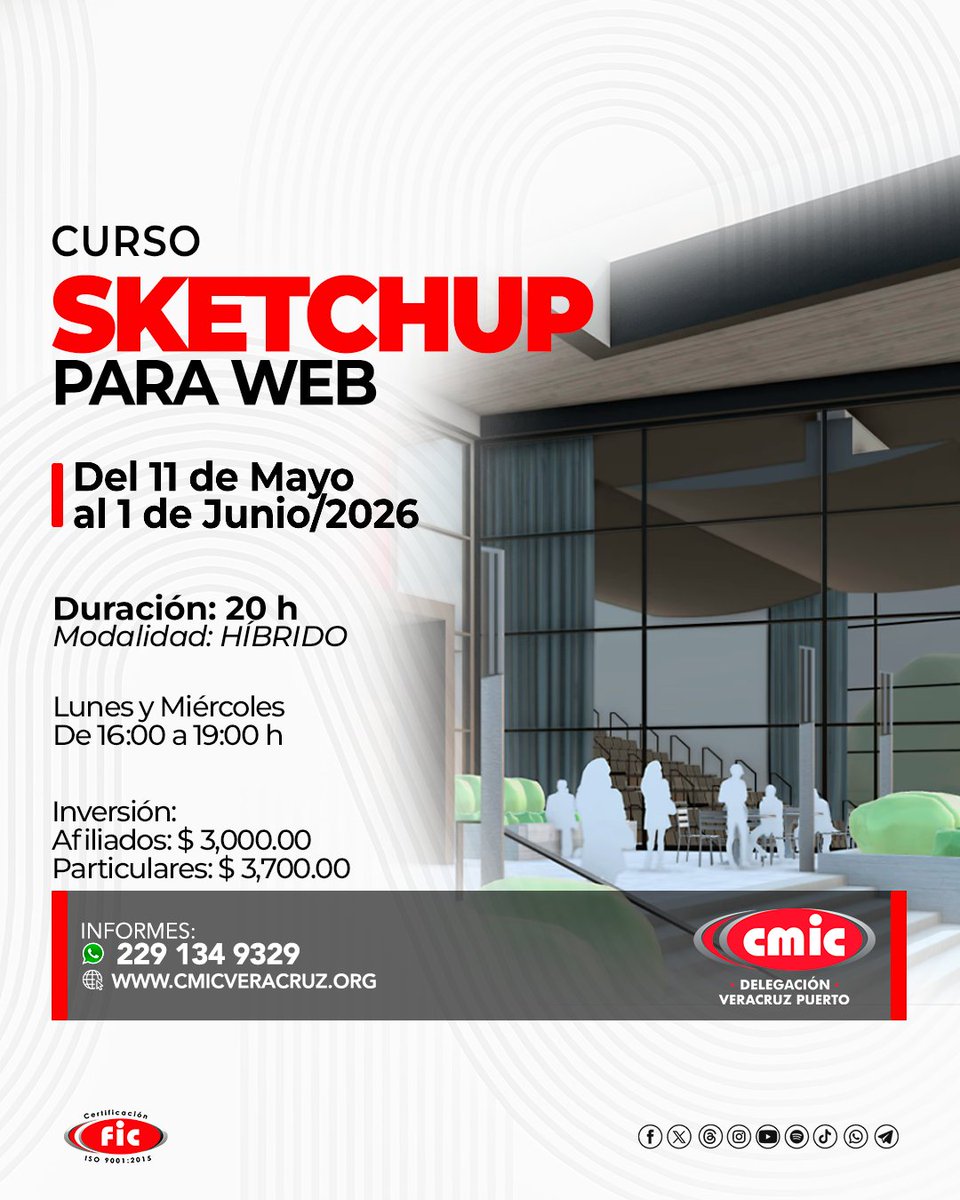 cmicveracruz's tweet image. 👷Inscríbete al curso 💻 𝗦𝗸𝗲𝘁𝗰𝗵𝗨𝗽 𝗽𝗮𝗿𝗮 𝗪𝗲𝗯 y fortalece tus habilidades para modelar, visualizar y presentar proyectos de construcción con mayor precisión, orden y calidad profesional.

📅 Inicio: 11 de Mayo/2026
📲 229 134 9329

#CMICVeracruz #SketchUp #Modelado3D