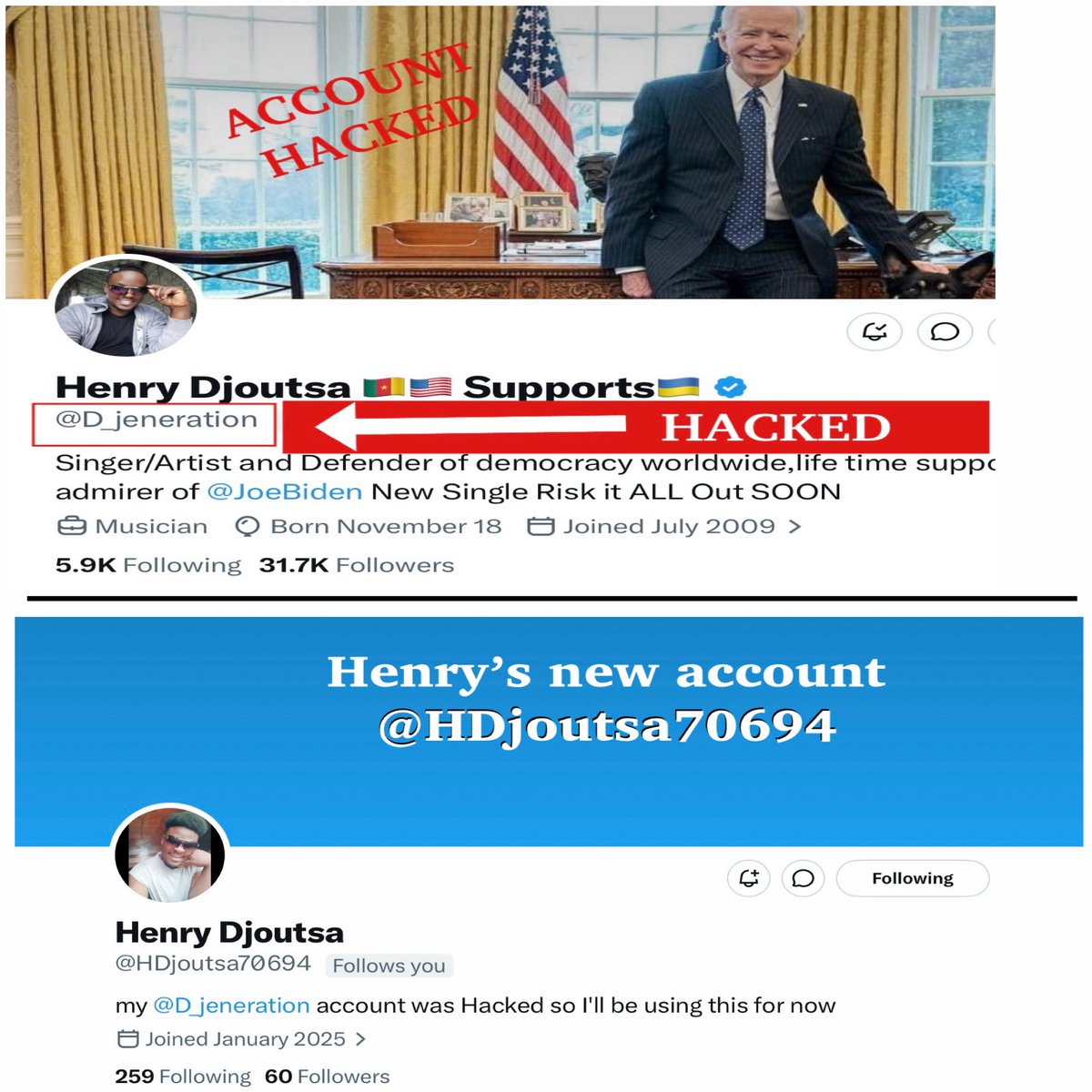 Midwest_Voter's tweet photo. Henry Djoutsa’s @D_jeneration account has been hacked 

The new account for Henry is @HDjoutsa70694. Give him a follow

#LiveBlue #ResistanceUnited #ONEV1 #RU26 #BlueLegacy 

#GiveHenryaFollow https://t.co/8bNwOkH1Mu
