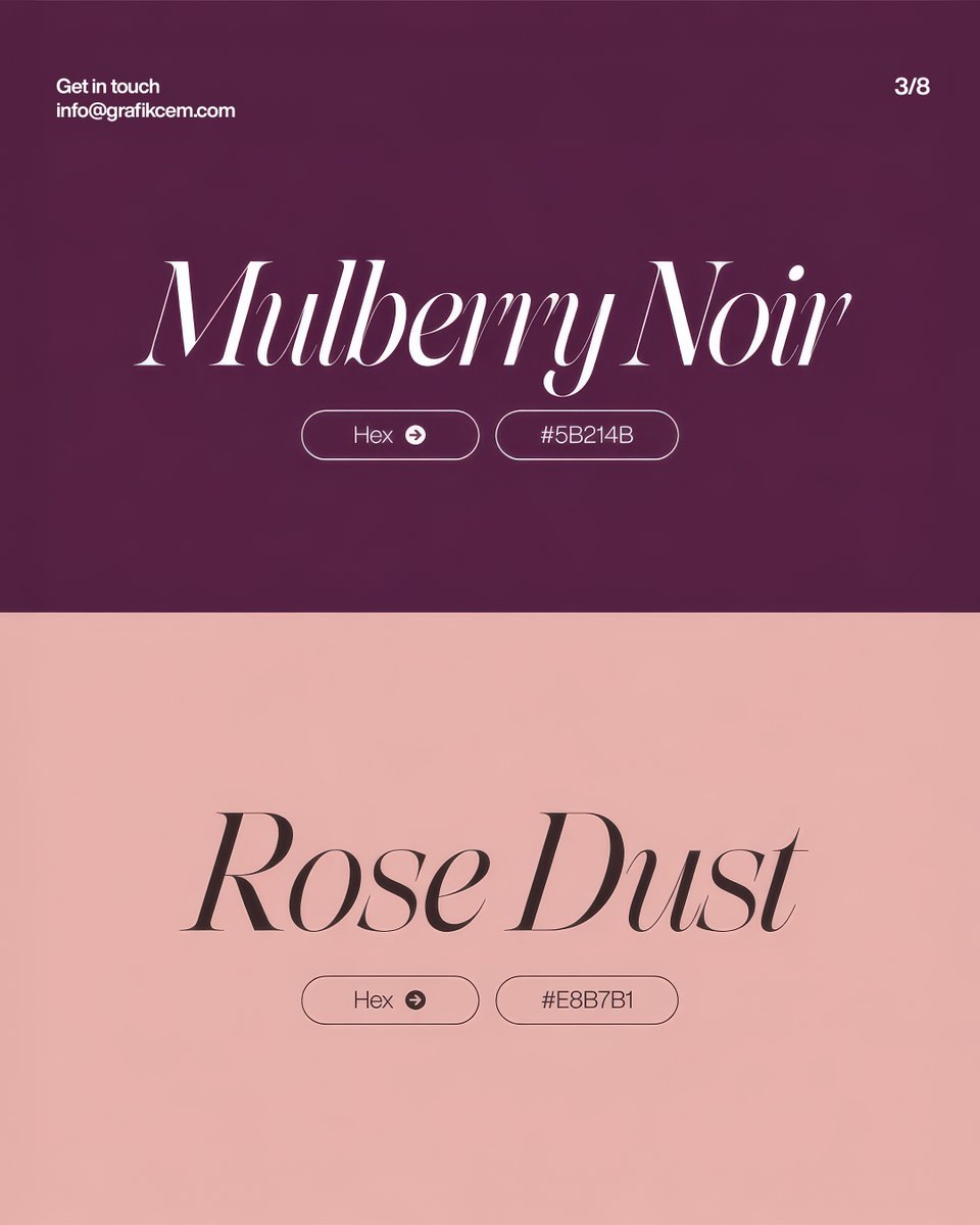 grafikcem's tweet photo. 2. Mulberry Noir × Rose Dust

5B214B + E8B7B1

Romantik derinlik ve cesur kontrast. Kozmetik ve parfüm markalarında güçlü duruyor. https://t.co/4oAJn7T5kr