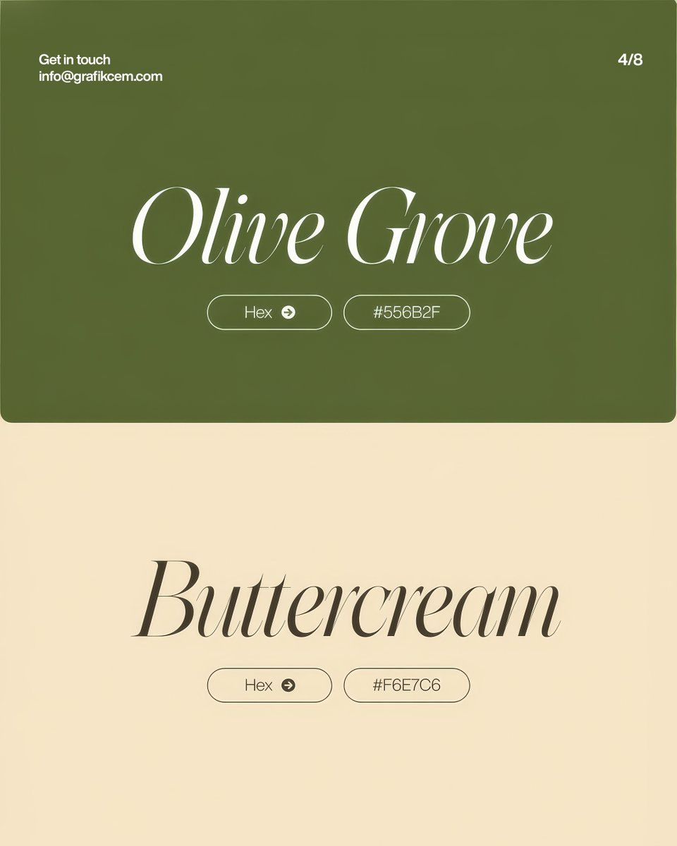 grafikcem's tweet photo. 3. Olive Grove × Buttercream

556B2F + F6E7C6

Organik sıcaklık ve zamansız huzur. Doğal ürün ve gastronomi markaları için. https://t.co/EglMRpKr3K