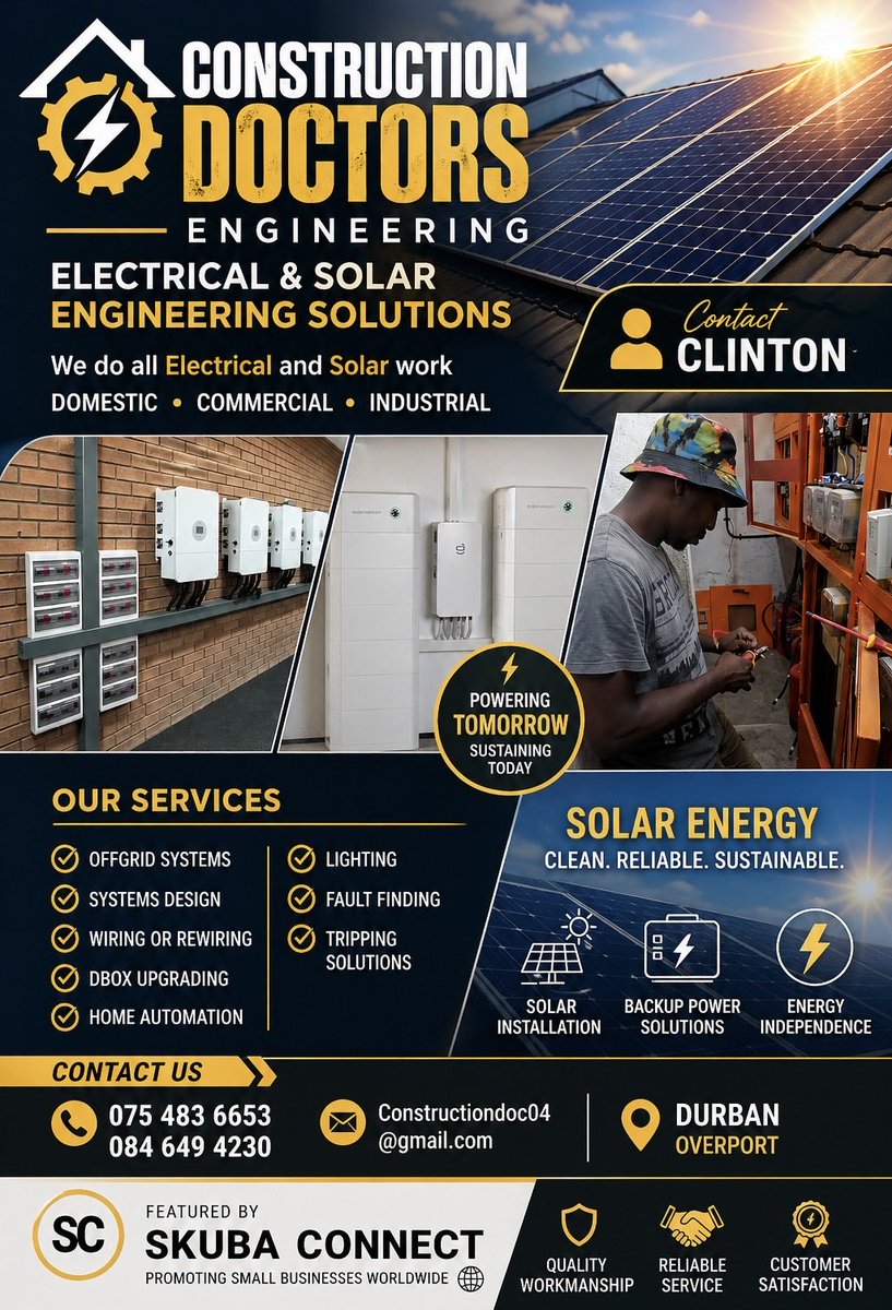 Skubaconnect's tweet image. Power your home or business the smart way ⚡☀️
From solar installations to full electrical solutions, Construction Doctors Engineering has you covered — reliable, efficient, and built to last 🔧

#SkubaConnect #SolarSolutions #ElectricalServices #SupportSmallBusiness