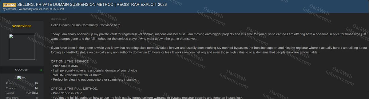 DarkWebInformer's tweet photo. ⚠️ A threat actor is selling a "domain suspension service" and a methodology kit on a popular cybercrime forum, advertising the ability to forcibly take down arbitrary domains, including .com, .net, .org, .io, and .ai, by abusing registrar abuse-reporting and legal-takedown channels.
⠀
‣ Threat Actor: convince
‣ Category: Fraud-as-a-Service / Domain Takedown
‣ Offering: "Private Domain Suspension Method | Registrar Exploit 2026"
‣ Industry: Domain Abuse / Social Engineering
⠀
The seller advertises two tiers: a one-time service to take a target domain offline within 24 hours (priced in XMR), and a full methodology package teaching buyers to replicate the attack. The listing claims the technique relies on social engineering of compliance teams using forged legal documents rather than any technical exploit.
⠀
Risk to defenders:
⠀
▪️ Targets domains across all major TLDs, including high-value .io and .ai
▪️ Designed to bypass registrar frontline support and trigger clientHold status
▪️ Marketed for use against competitors, journalists, security researchers, and legitimate businesses
▪️ Buyers are offered templates and submission channels designed to reach legal review queues