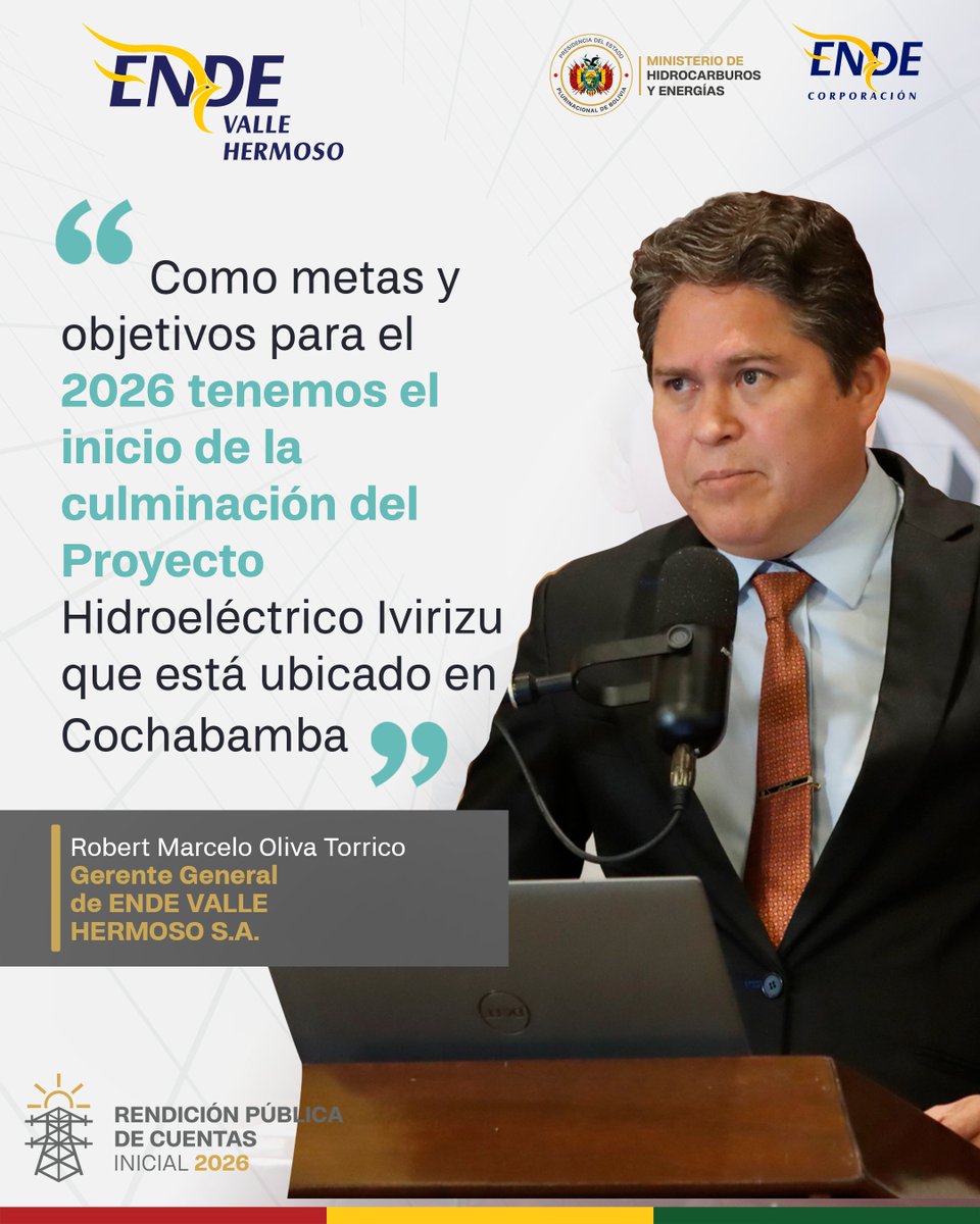 El gerente general de ENDE VALLE HERMOSO S.A., Marcelo Oliva Torrico informó en la Audiencia de Rendición Pública de Cuentas Inicial 2026, que este año el objetivo principal se concentrará en las etapas finales de la construcción del Proyecto Hidroeléctrico Ivirizu.